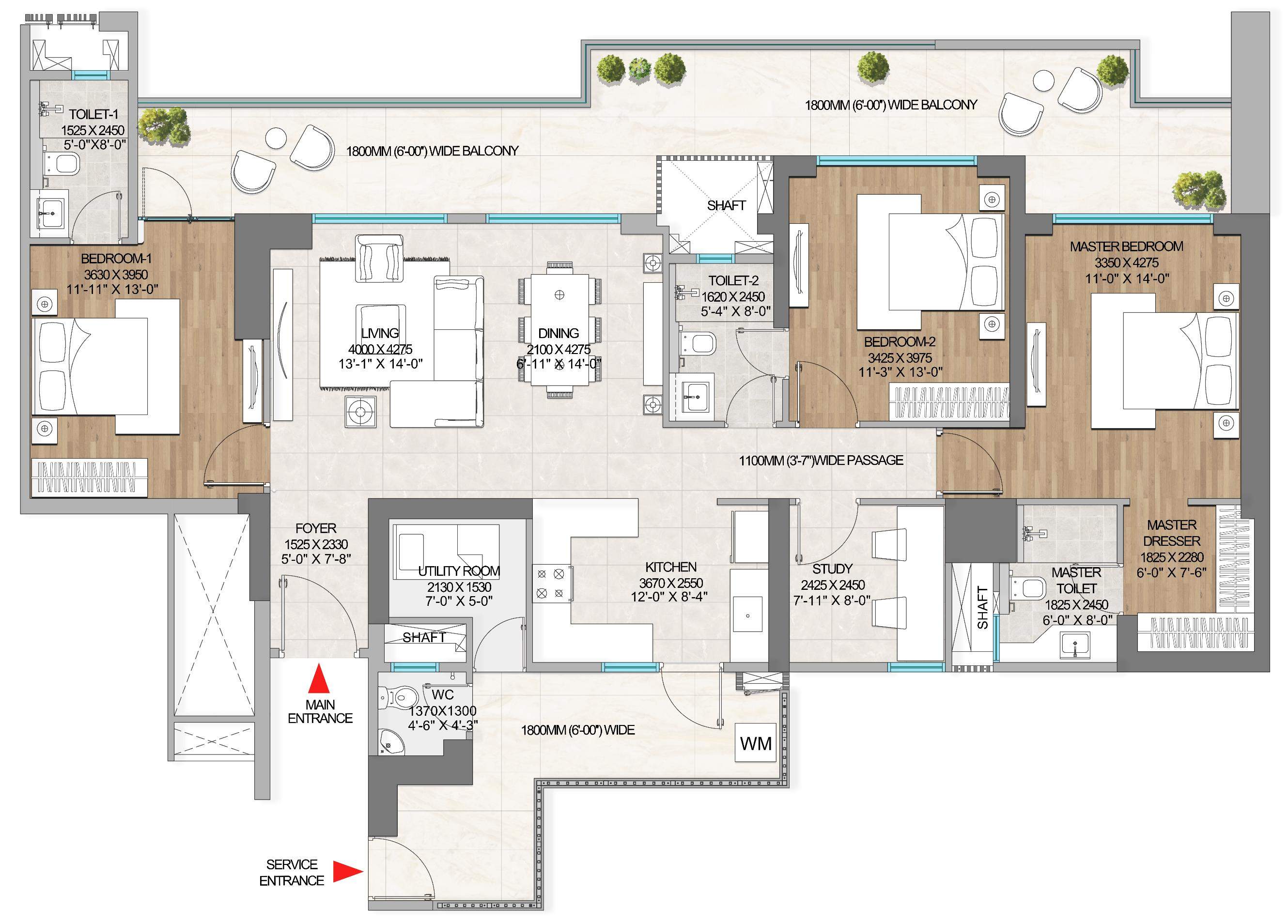 3 BHK + Utility Unit Plan